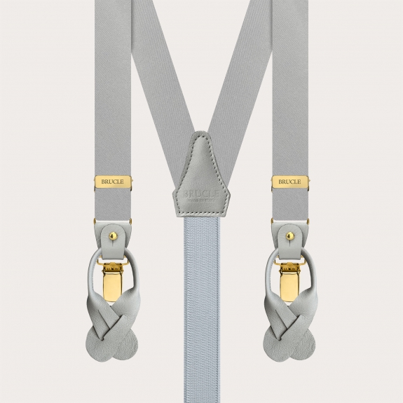 Narrow grey satin silk suspenders with gold clips