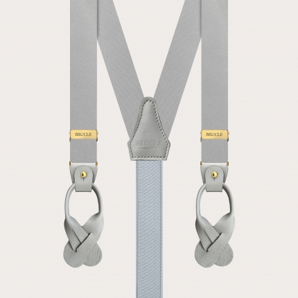 Narrow grey satin silk suspenders with gold clips