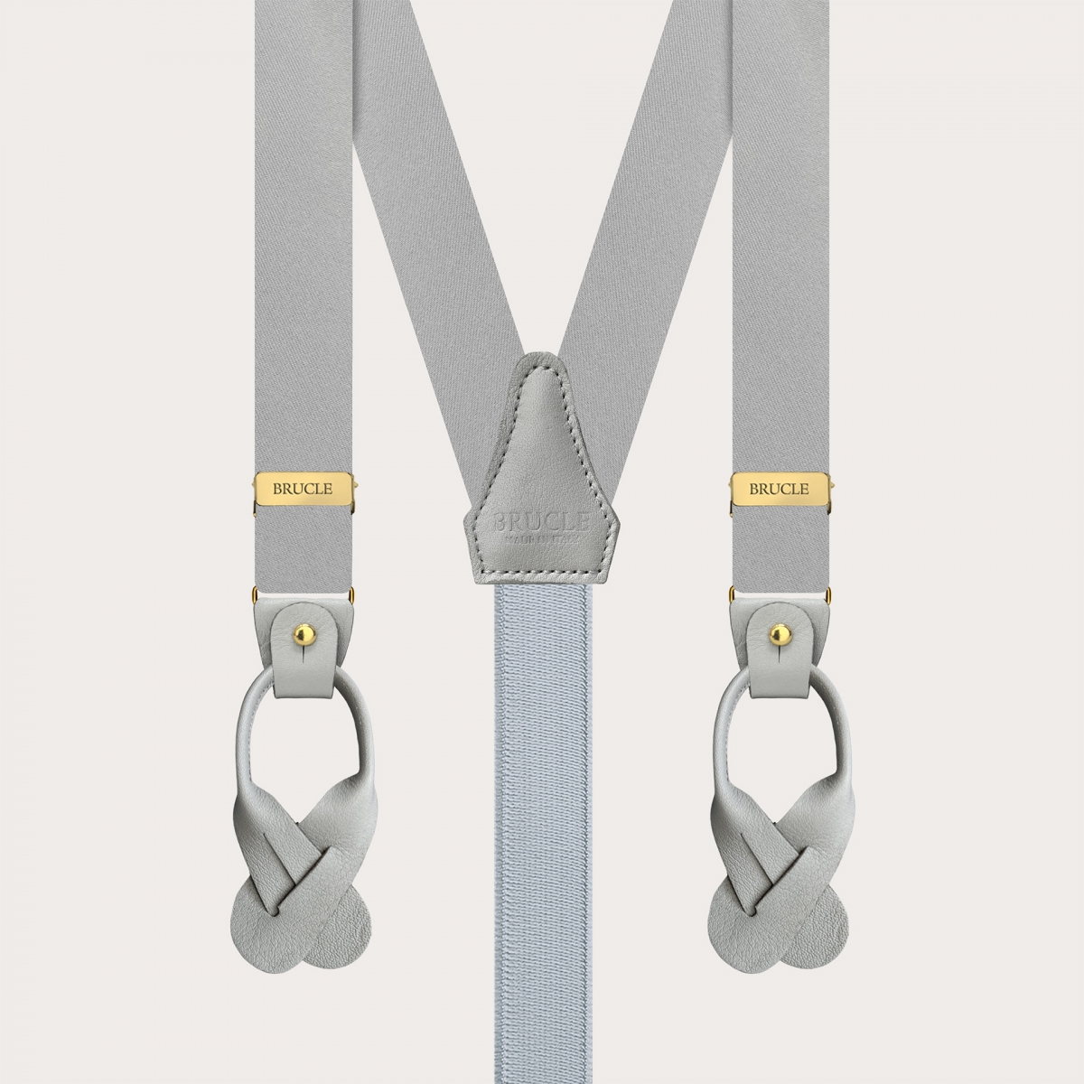 Narrow grey satin silk suspenders with gold clips