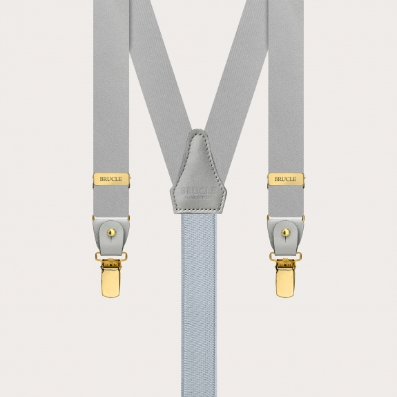 Narrow grey satin silk suspenders with gold clips