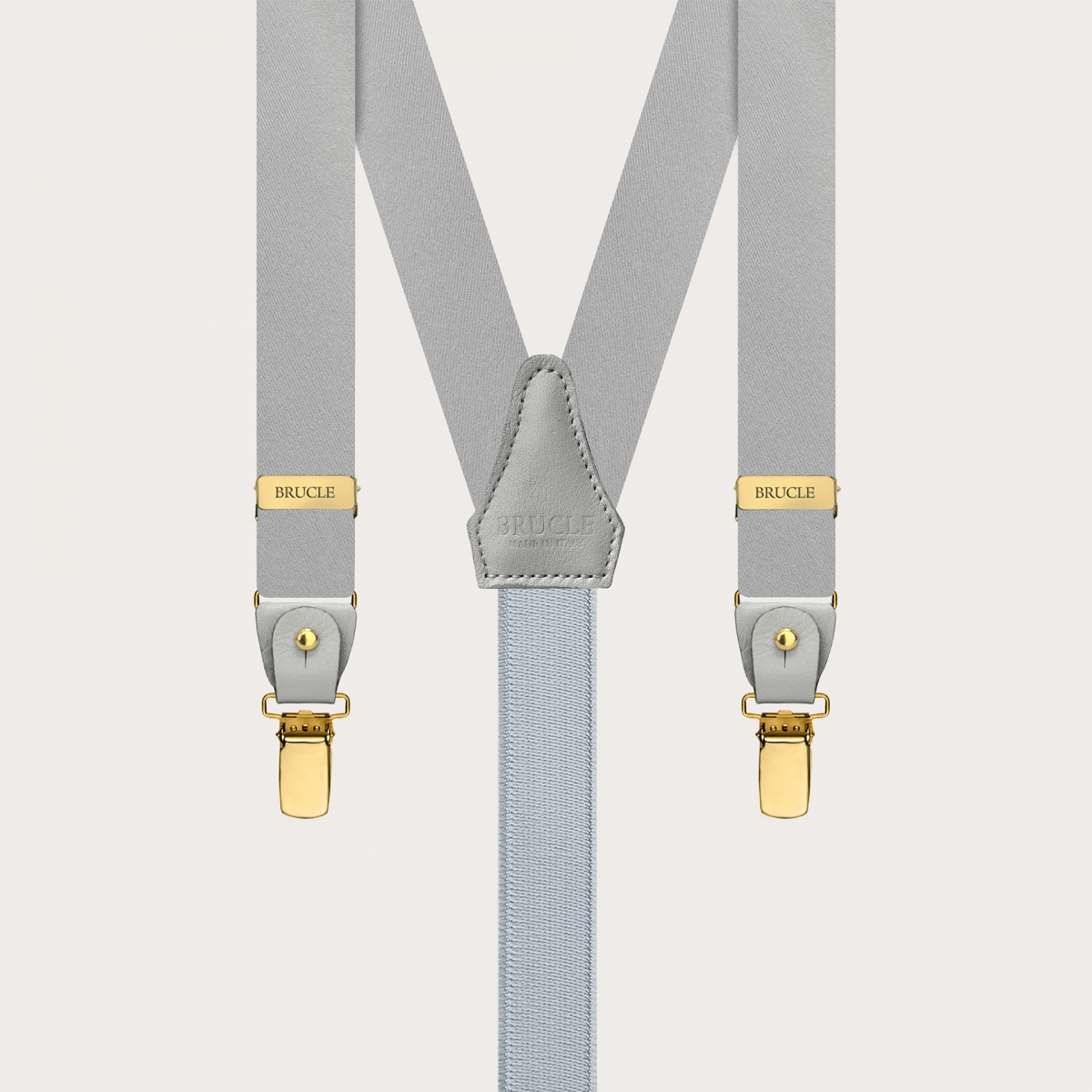 Narrow grey satin silk suspenders with gold clips