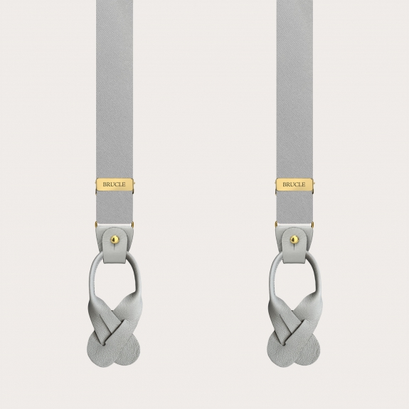 Narrow grey satin silk suspenders with gold clips