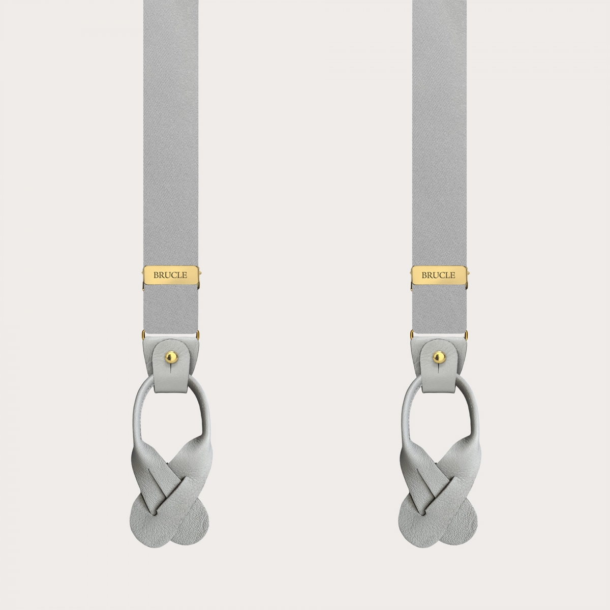 Narrow grey satin silk suspenders with gold clips