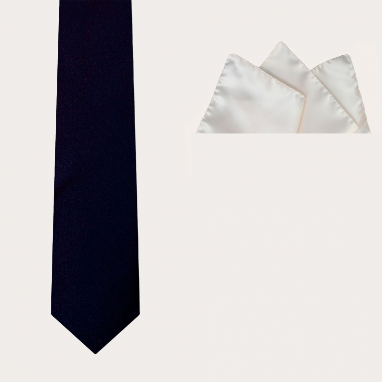 Blue satin tie and white pocket square set