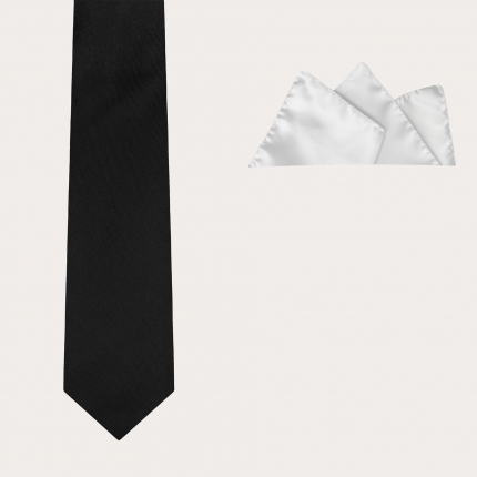 Black satin tie and white pocket square set