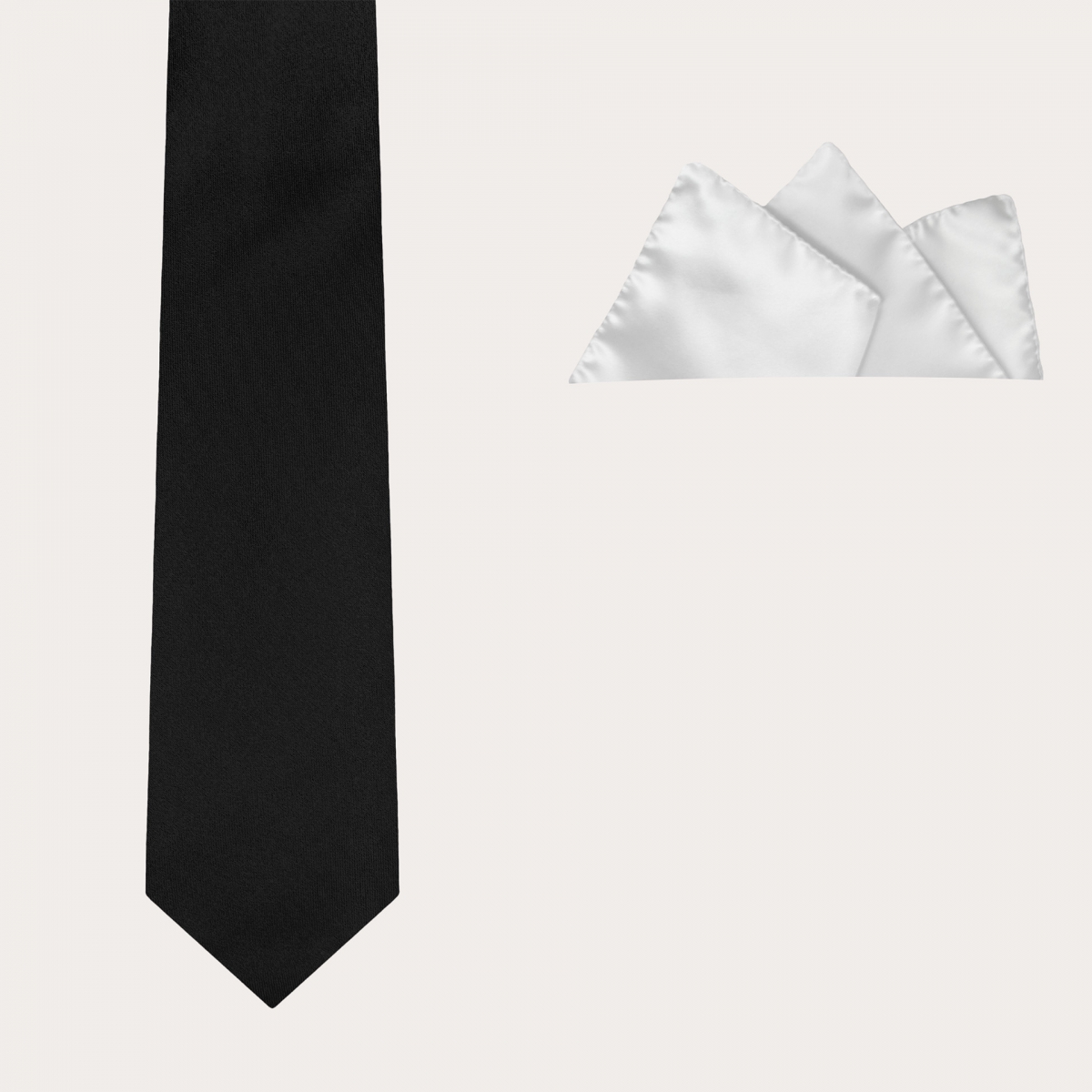 Conjunto de corbata de satén negro y pañuelo de bolsillo blanco