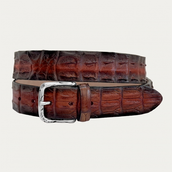 Ceinture en crocodile marron foncé teinte à la main avec effet patine