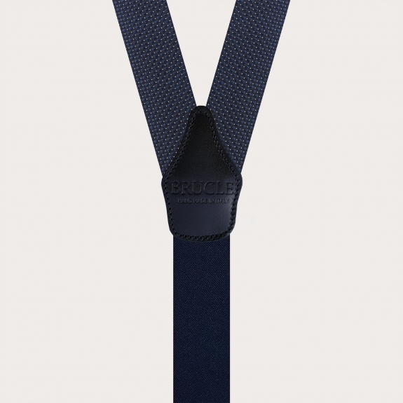 Blue pin dot silk suspenders with gold metal parts