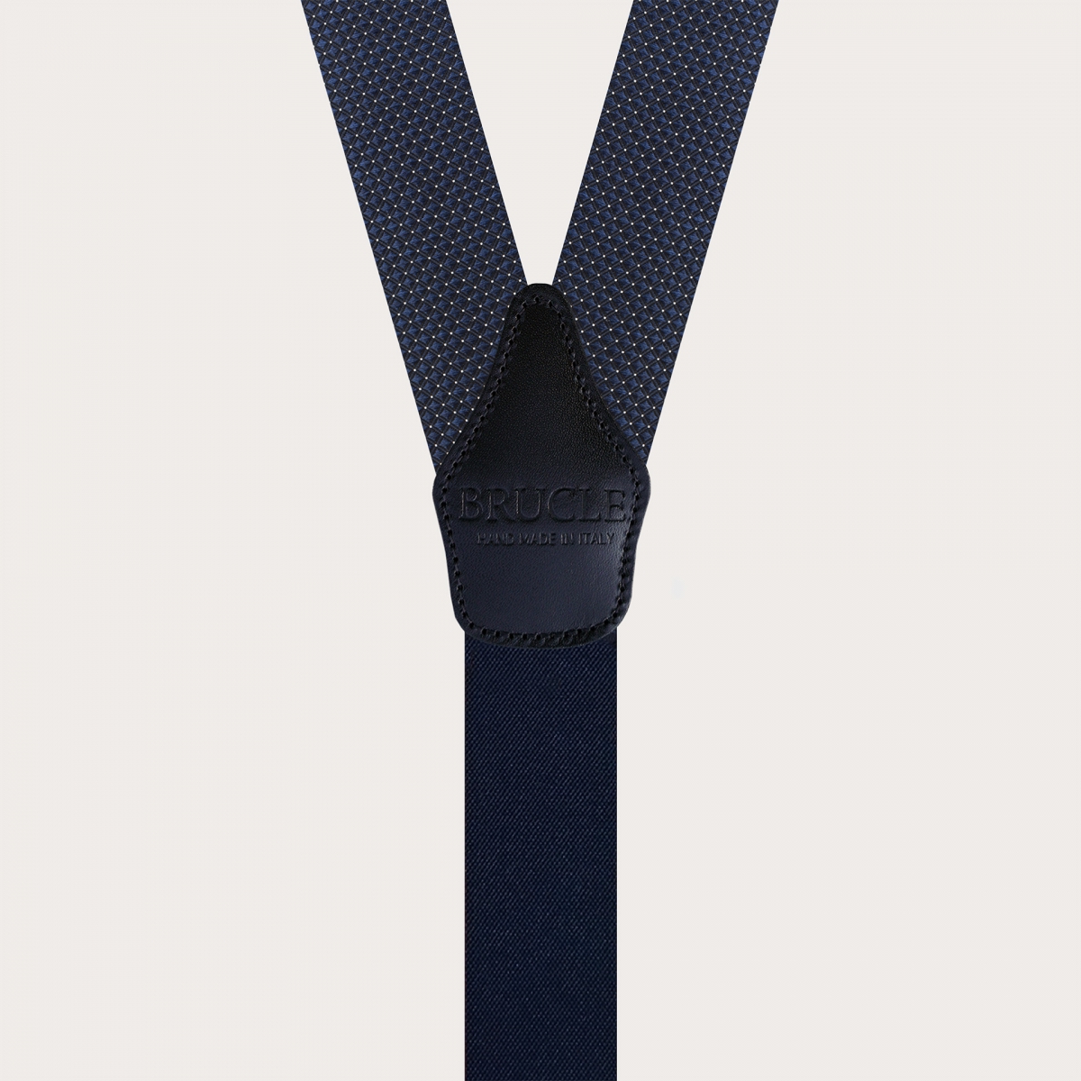 Blue pin dot silk suspenders with gold metal parts