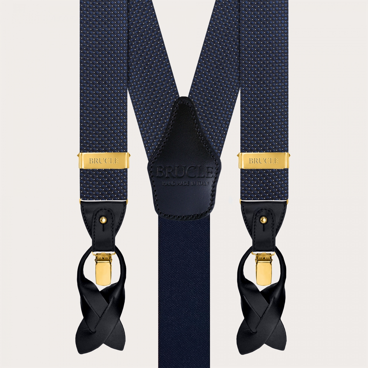 Blue pin dot silk suspenders with gold metal parts