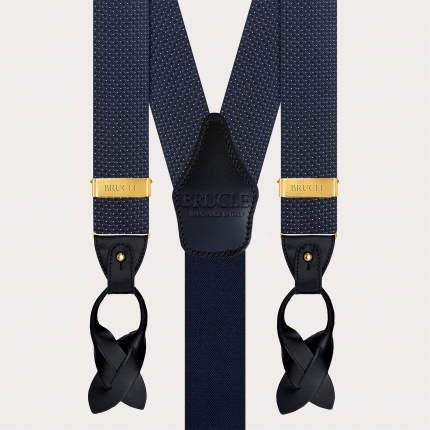 Blue pin dot silk suspenders with gold metal parts