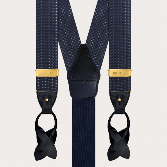 Blue pin dot silk suspenders with gold metal parts