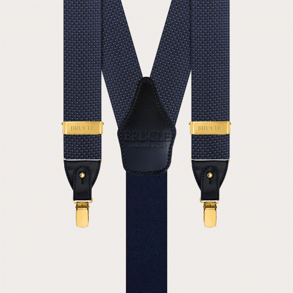 Blue pin dot silk suspenders with gold metal parts