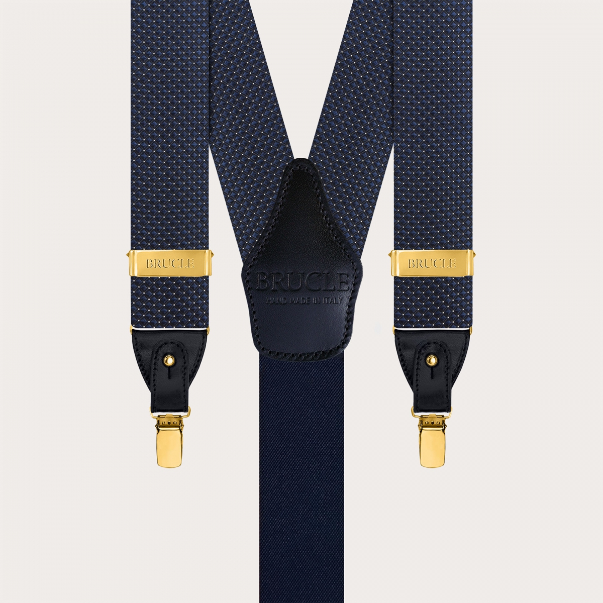 Blue pin dot silk suspenders with gold metal parts