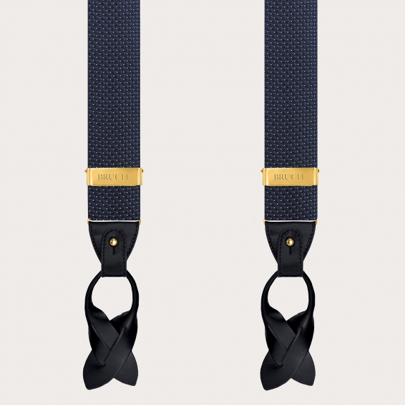 Blue pin dot silk suspenders with gold metal parts