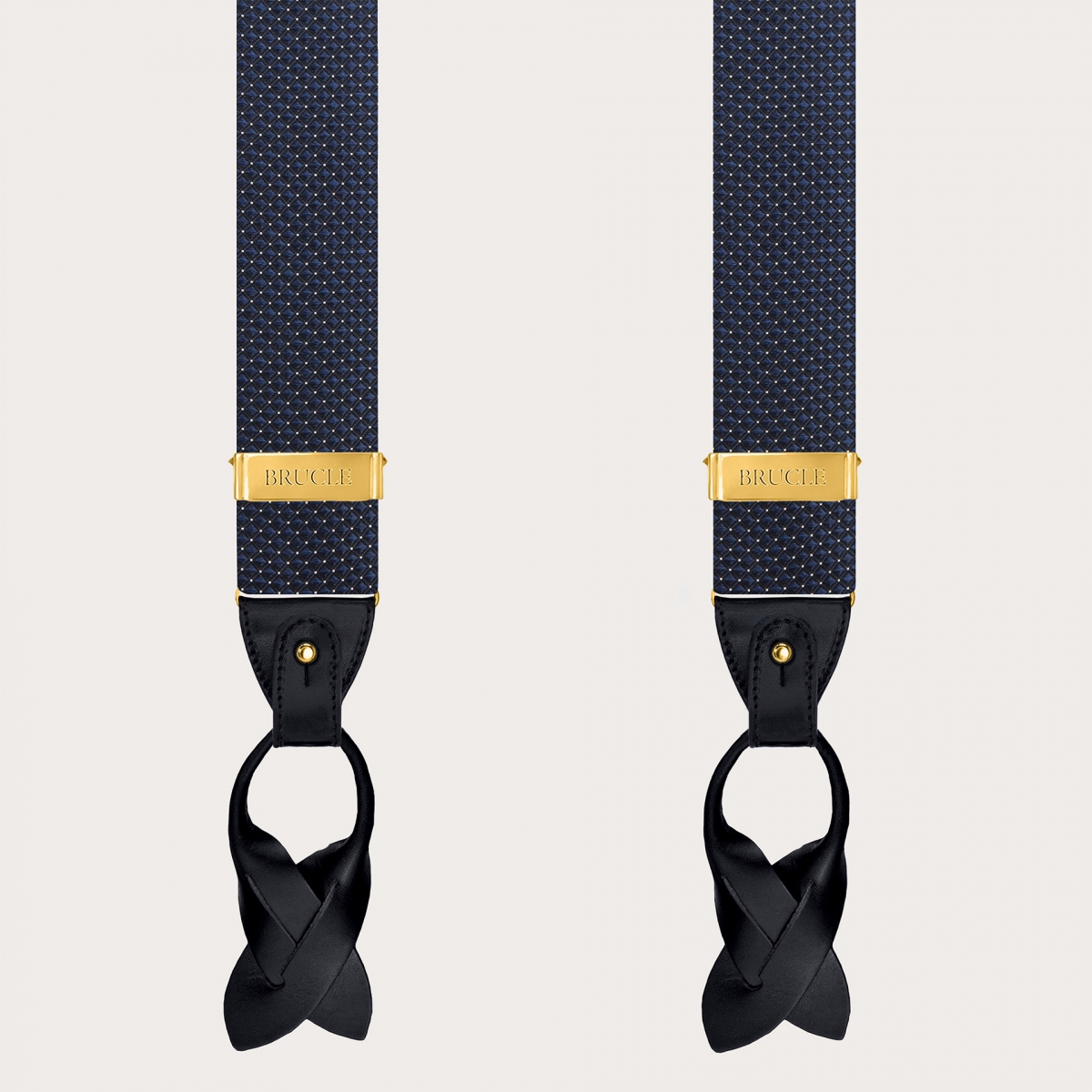 Blue pin dot silk suspenders with gold metal parts