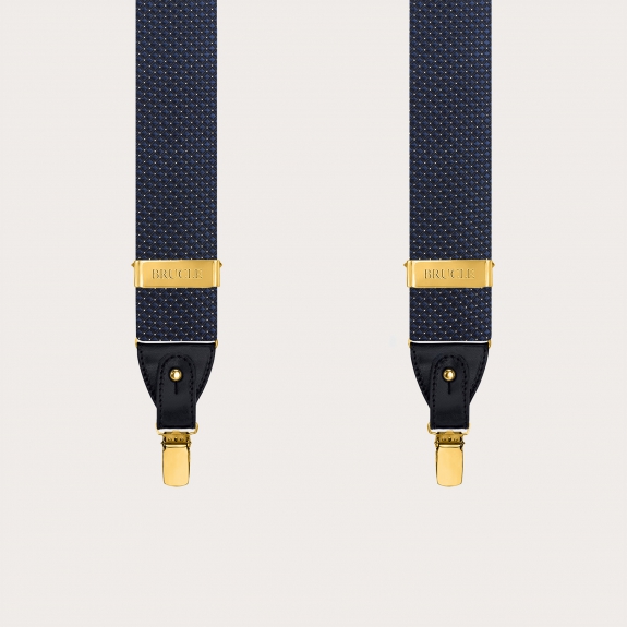 Blue pin dot silk suspenders with gold metal parts