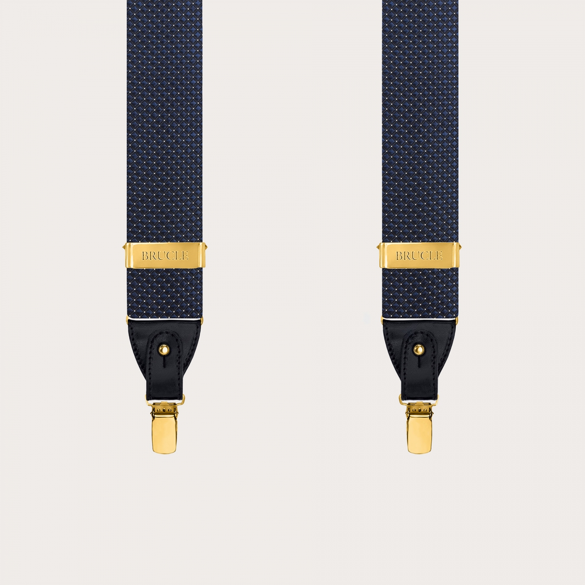 Blue pin dot silk suspenders with gold metal parts