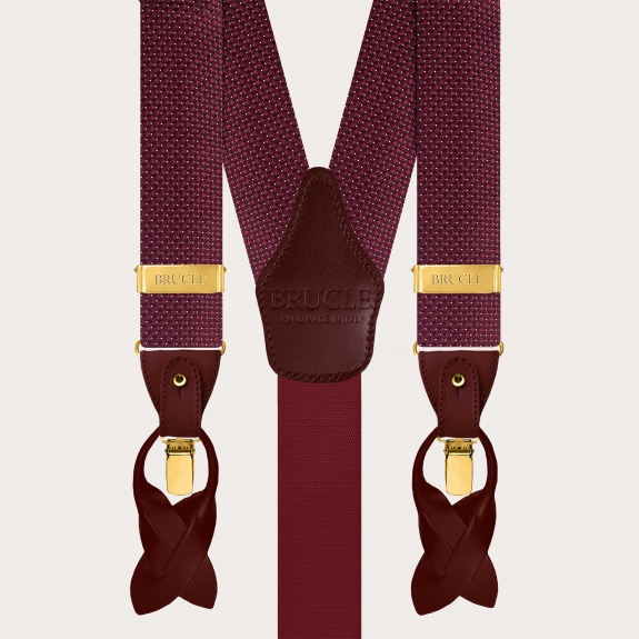 Men's burgundy pin dot silk suspenders with gold buttons and clips