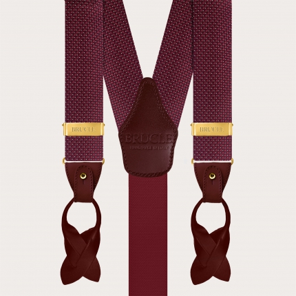 Men's burgundy pin dot silk suspenders with gold buttons and clips