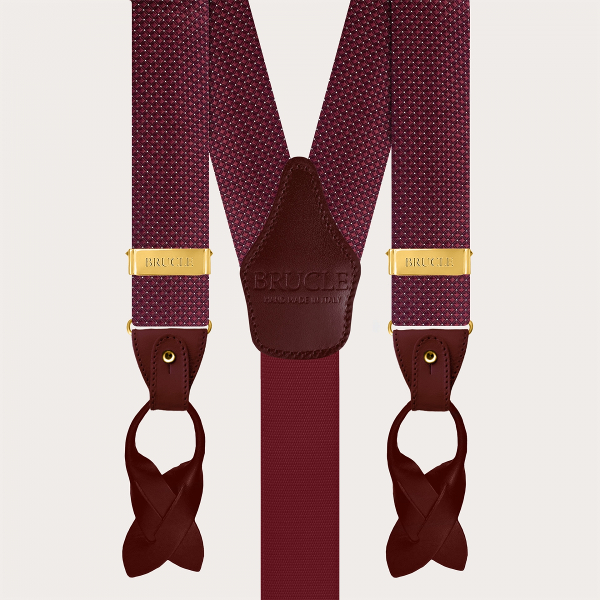 Men's burgundy pin dot silk suspenders with gold buttons and clips