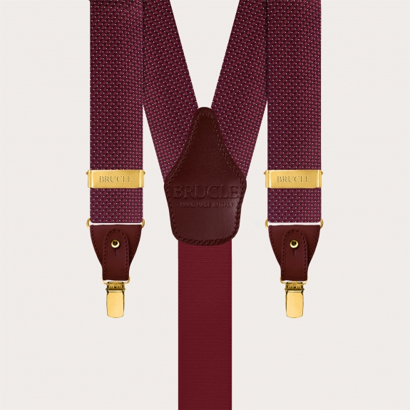 Men's burgundy pin dot silk suspenders with gold buttons and clips