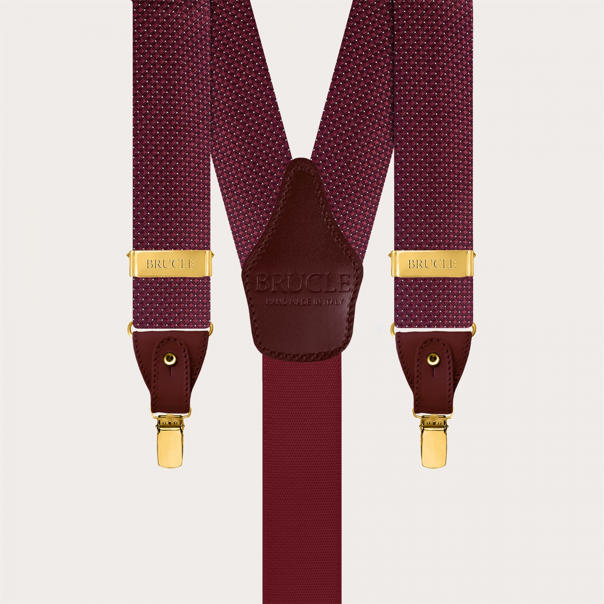 Men's burgundy pin dot silk suspenders with gold buttons and clips