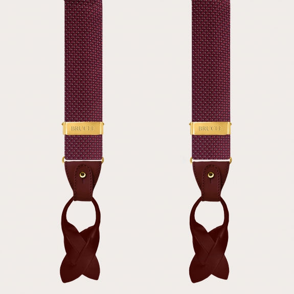 Men's burgundy pin dot silk suspenders with gold buttons and clips