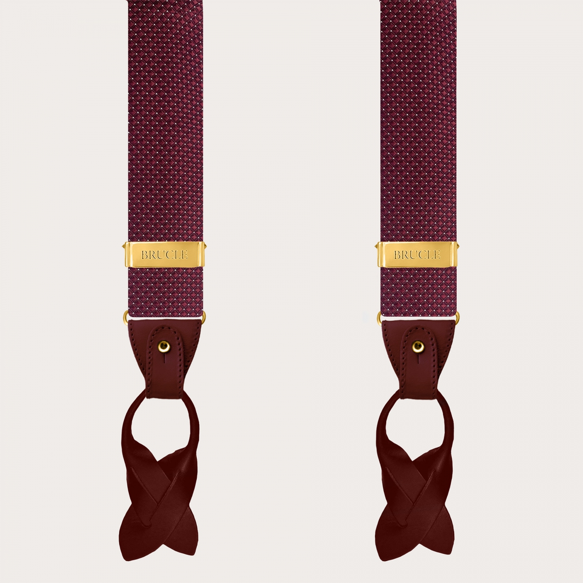 Men's burgundy pin dot silk suspenders with gold buttons and clips