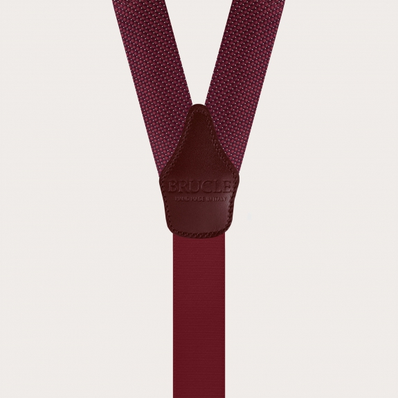 Men's burgundy pin dot silk suspenders with gold buttons and clips