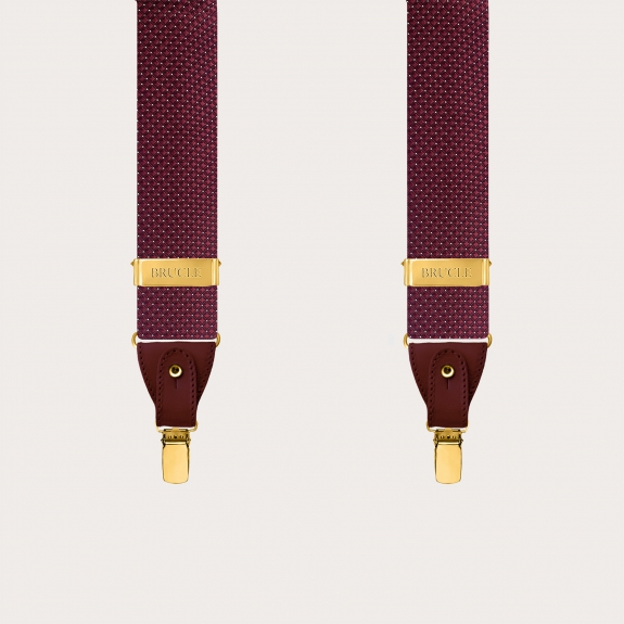 Men's burgundy pin dot silk suspenders with gold buttons and clips