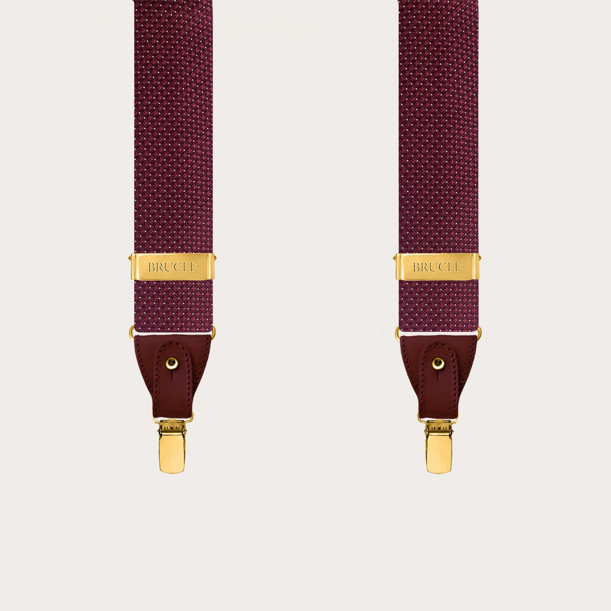 Men's burgundy pin dot silk suspenders with gold buttons and clips