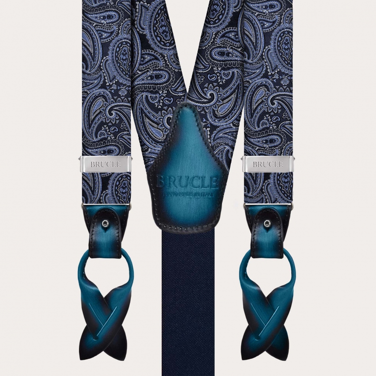 Elegant blue paisley silk suspenders dual-use with button or clips