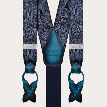 Elegant blue paisley silk suspenders dual-use with button or clips