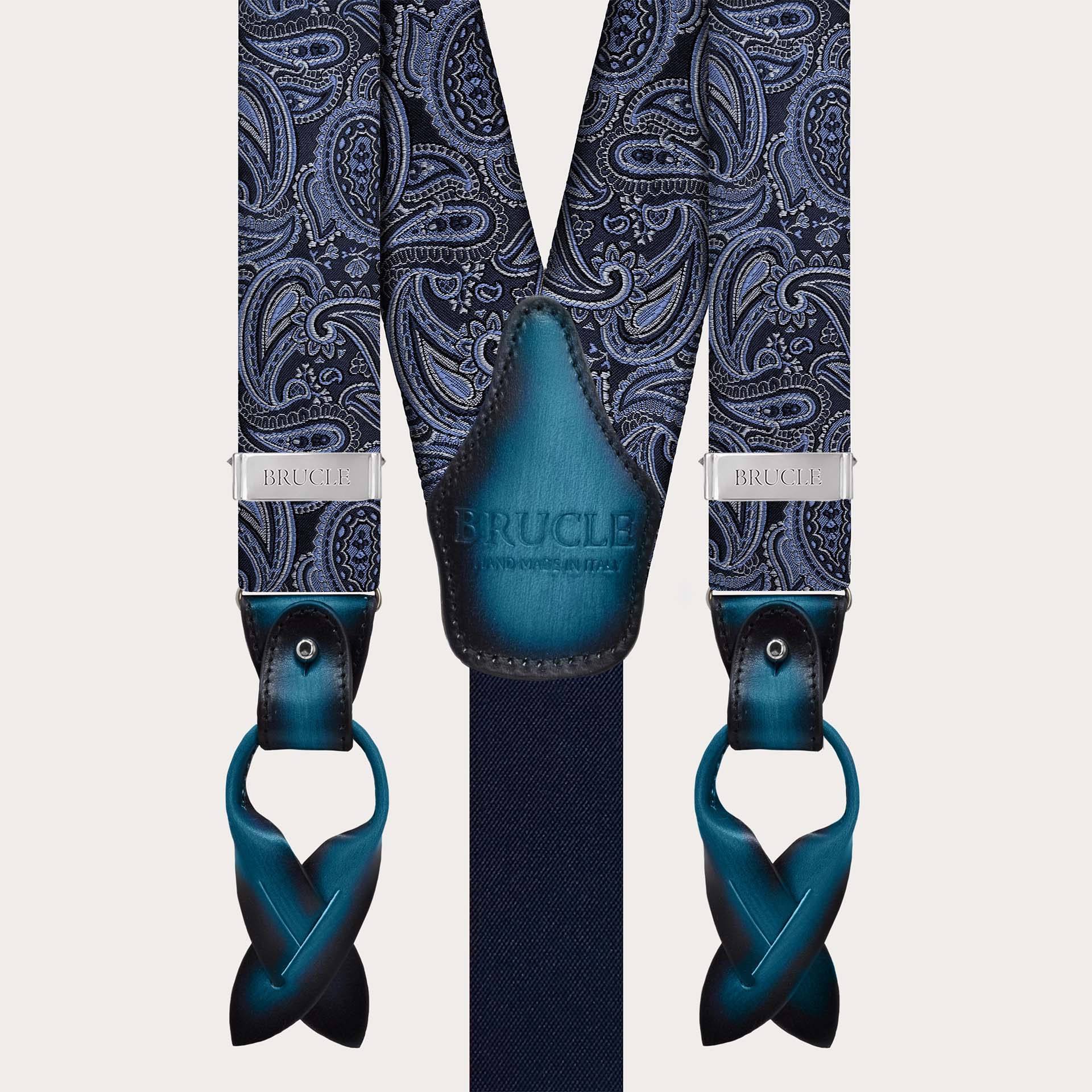 Elegant blue paisley silk suspenders dual-use with button or clips