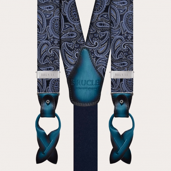 Elegant blue paisley silk suspenders dual-use with button or clips