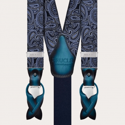 Elegant blue paisley silk suspenders dual-use with button or clips