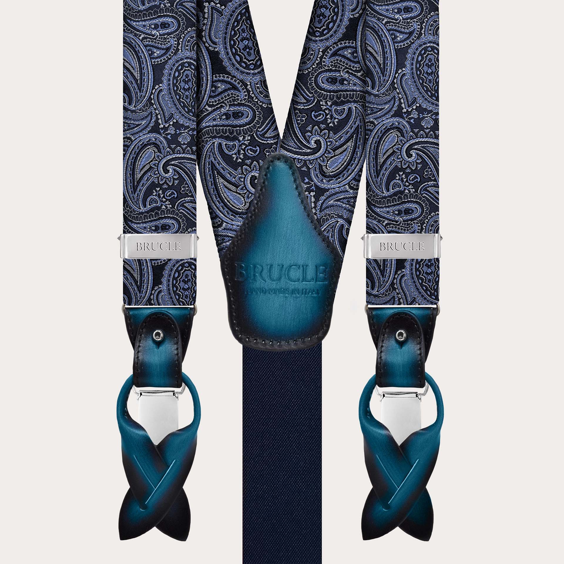 Elegant blue paisley silk suspenders dual-use with button or clips