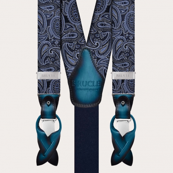 Elegant blue paisley silk suspenders dual-use with button or clips