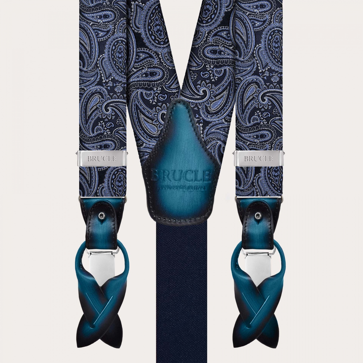 Elegant blue paisley silk suspenders dual-use with button or clips