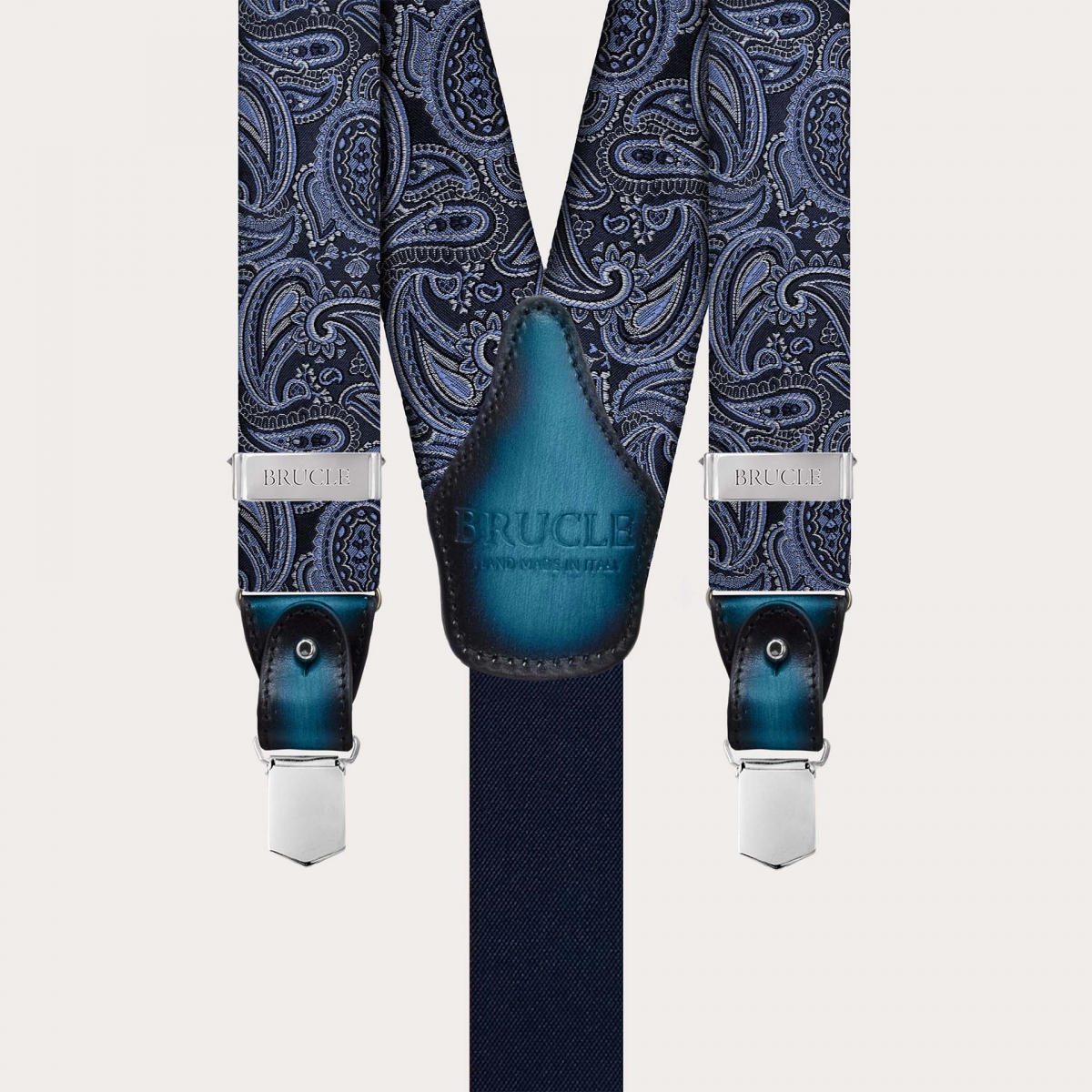 Elegant blue paisley silk suspenders dual-use with button or clips