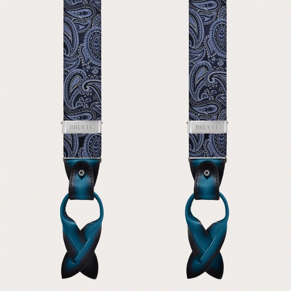 Elegant blue paisley silk suspenders dual-use with button or clips