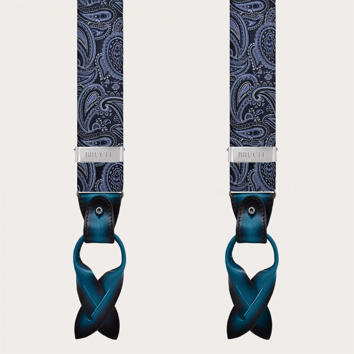 Elegant blue paisley silk suspenders dual-use with button or clips