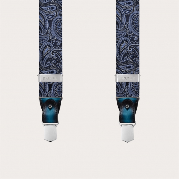 Elegant blue paisley silk suspenders dual-use with button or clips