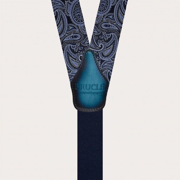 Elegant blue paisley silk suspenders dual-use with button or clips