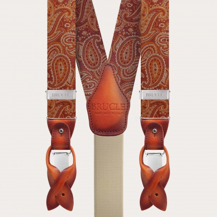 Elegant orange paisley silk suspenders with hand-faded leather