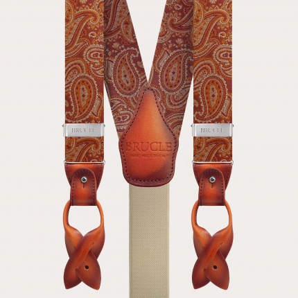 Elegant orange paisley silk suspenders with hand-faded leather