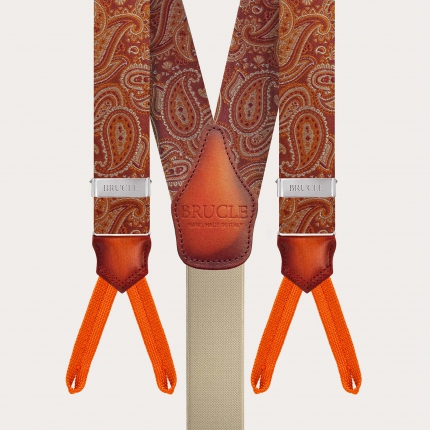 Bretelles boutonnées en soie paisley orange marsala avec cuir dégradé à la main