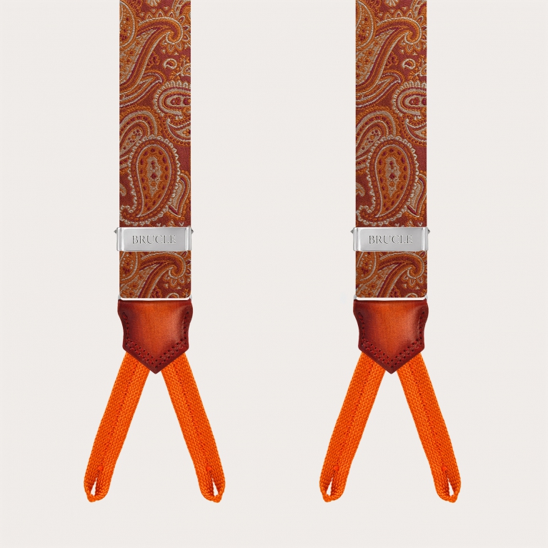 Marsala Orange Paisley Silk Button Braces with Hand-Shaded Leather