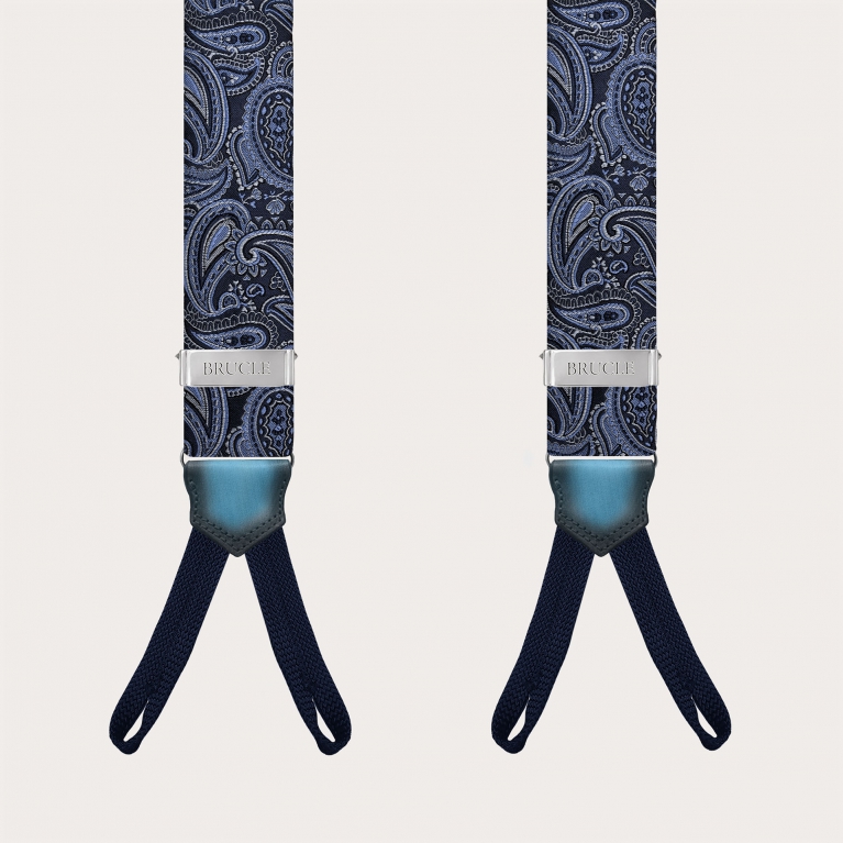 Men's silk suspenders with loops, light blue and blue paisley